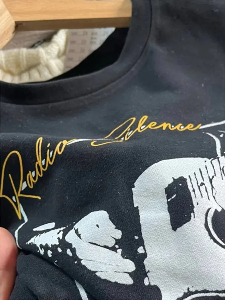 Guitar Print Black T-shirts Women Summer Casual Streetwear O-neck Short Sleeve Tees Female American Vintage Simple T shirt Y2K