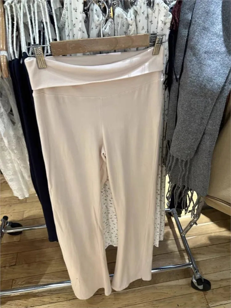 Flip up Pink Skinny Yoga Pants Women Autumn Elastic Cotton Long Flare Pants Female Sweet Casual Preppy Style Y2K Sport Trousers