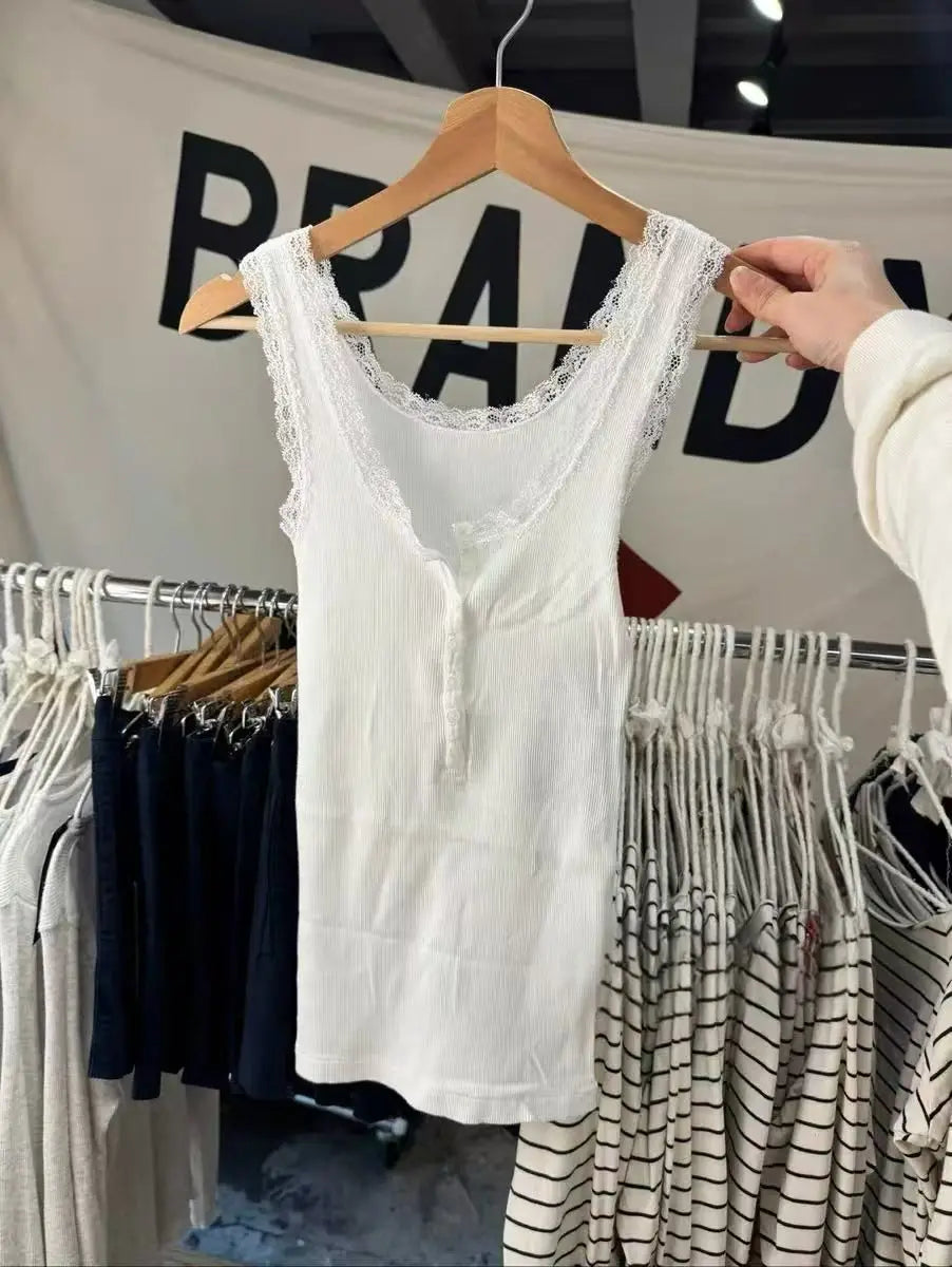 Lace Trim Slim Ribbed Tank Top Women Spring Buttons Cotton Solid U Collar Sleeveless Camis Sweet Simple Basic Chic Vest Tops Y2K
