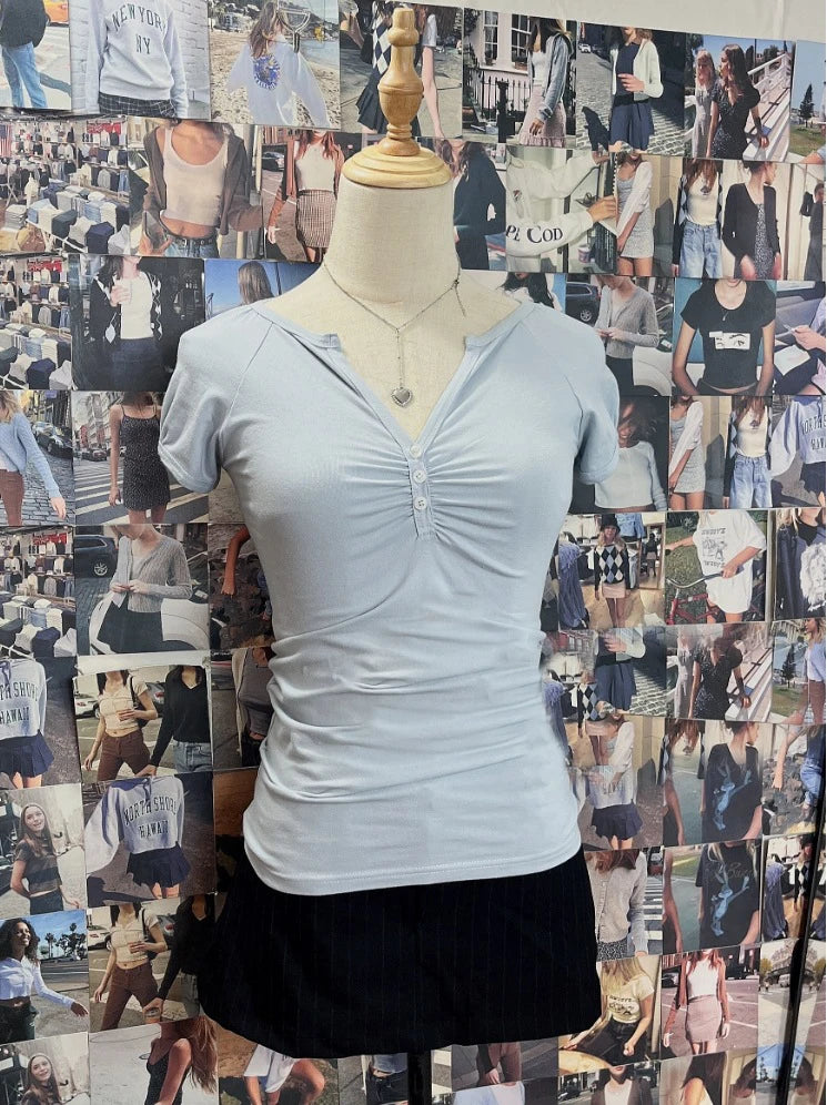 Sweet Pink V-neck Buttons Fold T-shirts Women Summer Casual Cotton Slim Short Sleeve Tee Simple Cute All-match Tshirt Y2K Tops