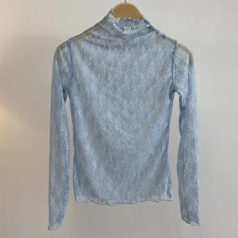 Sexy See-through Long Sleeve Tees Women New Street Slim Half turtleneck Lace Floral T-shirts Vintage Chic Party Tops Y2K Tshirts