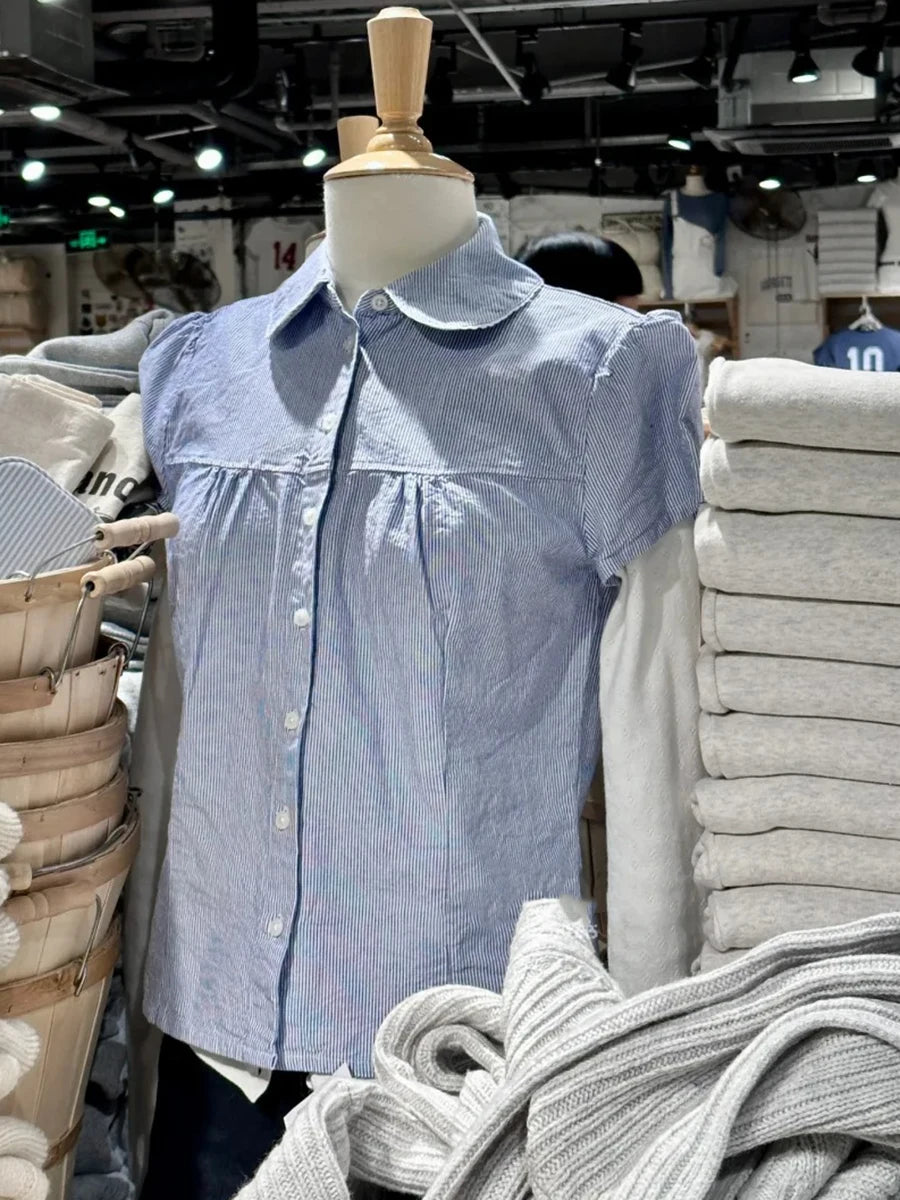 Blue Striped Button Blouse Women Summer New Streetwear Casual Lapel Short Sleeve Tees Sweet Cute Preppy Style T-shirts Y2K Tops