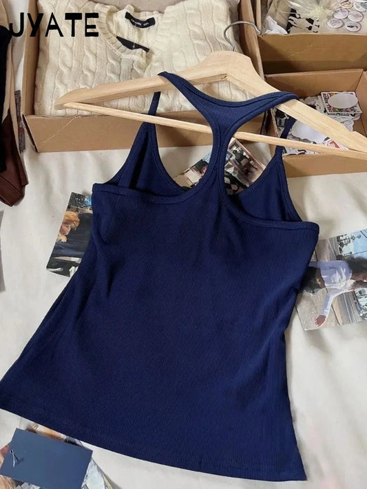 Harajuku Navy Blue Ribbed U-neck Tank Tops Women New Cotton Basic Backless Sleeveless Vests Simple Vintage American Crop Top Y2K