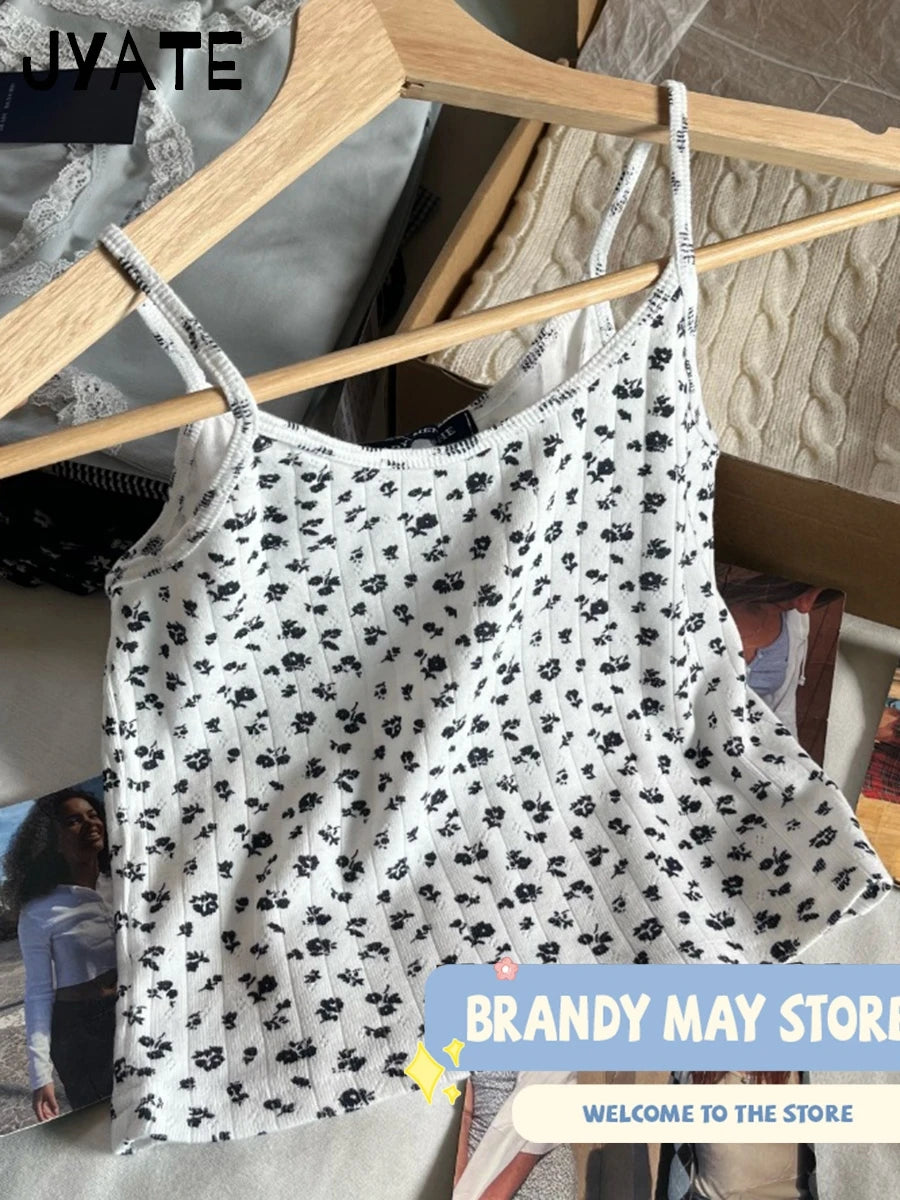 Navy Blue Floral Print Crop Tops Women New Cotton Casual Preppy Style Slim Cropped Sleeveless Vests Sweet Vintage Chic Camisole