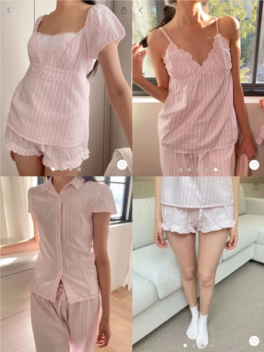 Pink Striped Silver Line Blouse Sets Women Lace Trim Casual Camisole+Drawstring Short Pants Sweet Cute Home Outfits Collection