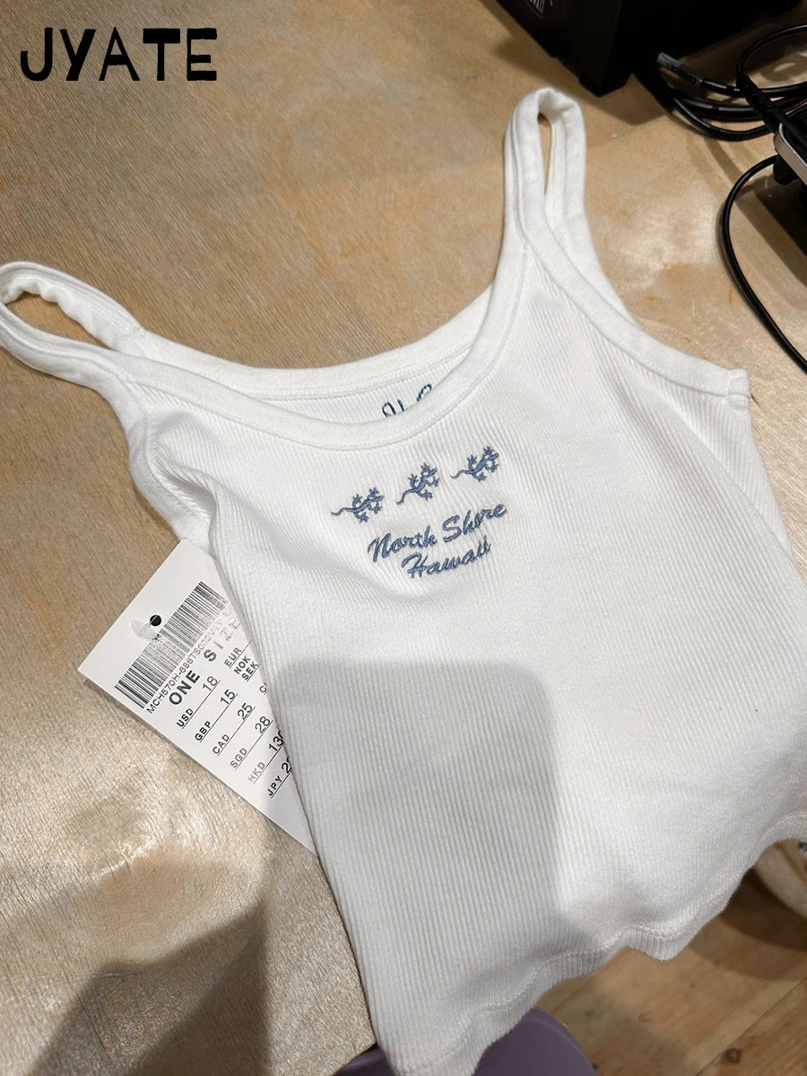 Letter Embroidery U-neck Crop Tops Women Summer New Cotton Casual Ribbed Cropped Sleeveless Vest Vintage Sweet Chic Tank Top Y2K