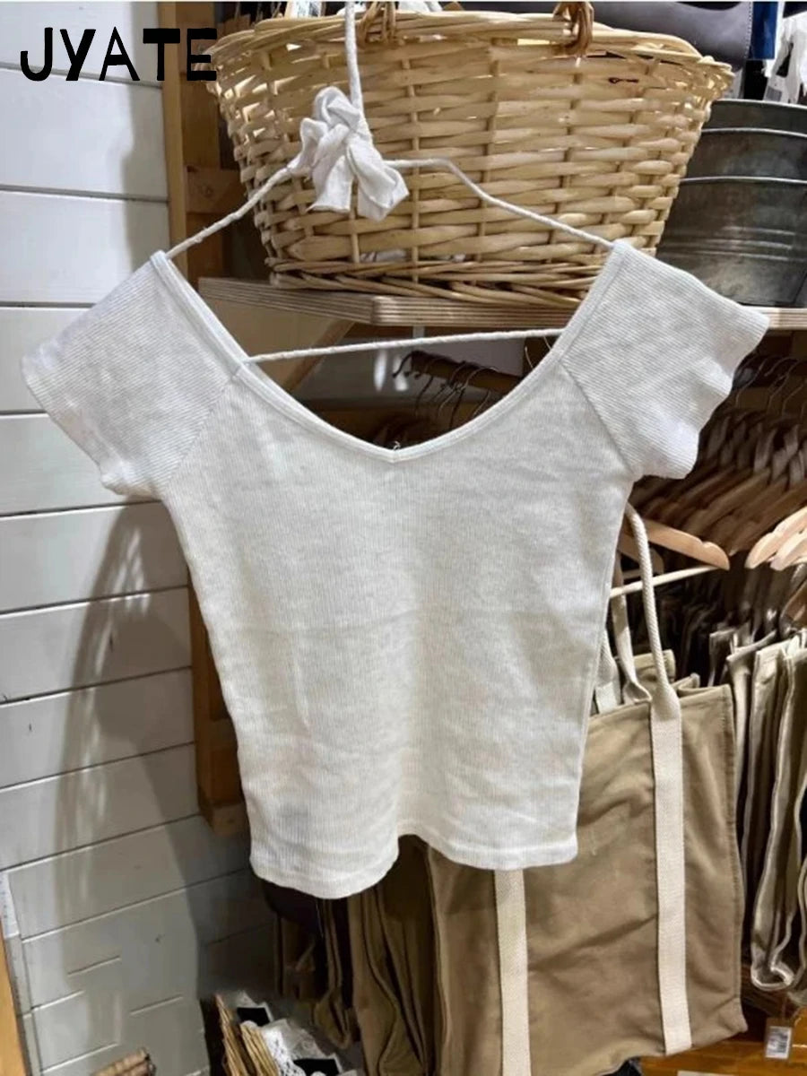 Simple Basic V-neck Ribbed Short Sleeve Tees Women Summer New Slim Sexy Cotton Casual Tops Vintage Preppy Chic T-shirts Y2K 2024