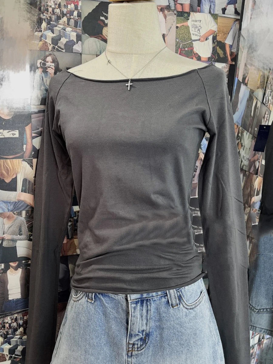 Women's Sexy Slim Raw Trim T-shirts Cotton Casual Streetwear Slash Neck Long Sleeve Tee Chic Harajuku Y2K Crop Top Vintage Mujer