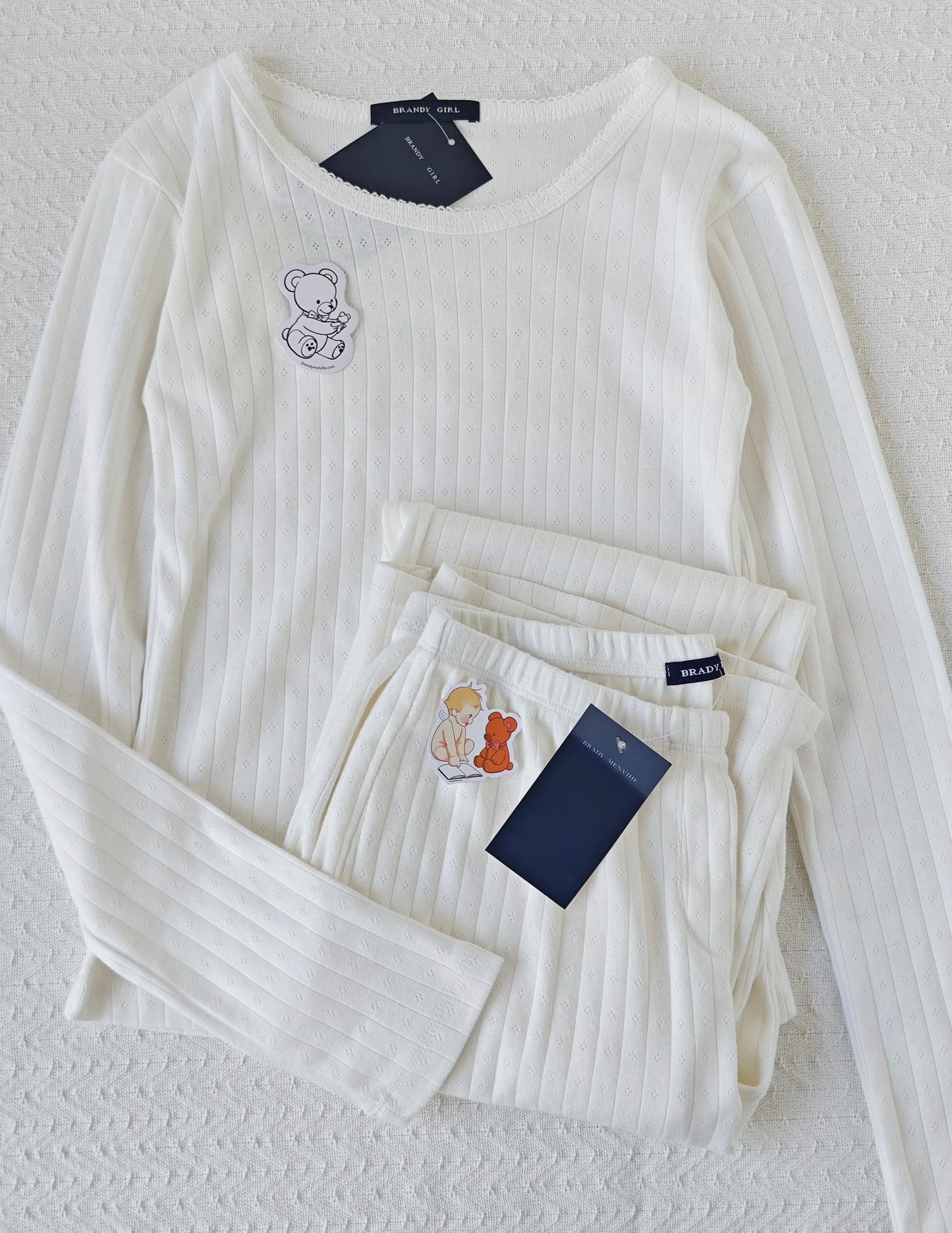Gray Cotton Eyelet 2 Piece Sets Women New Buttons Long Sleeve Tee+Elastic Waist Straight Trousers Home T-shirt Pant Pajama Set