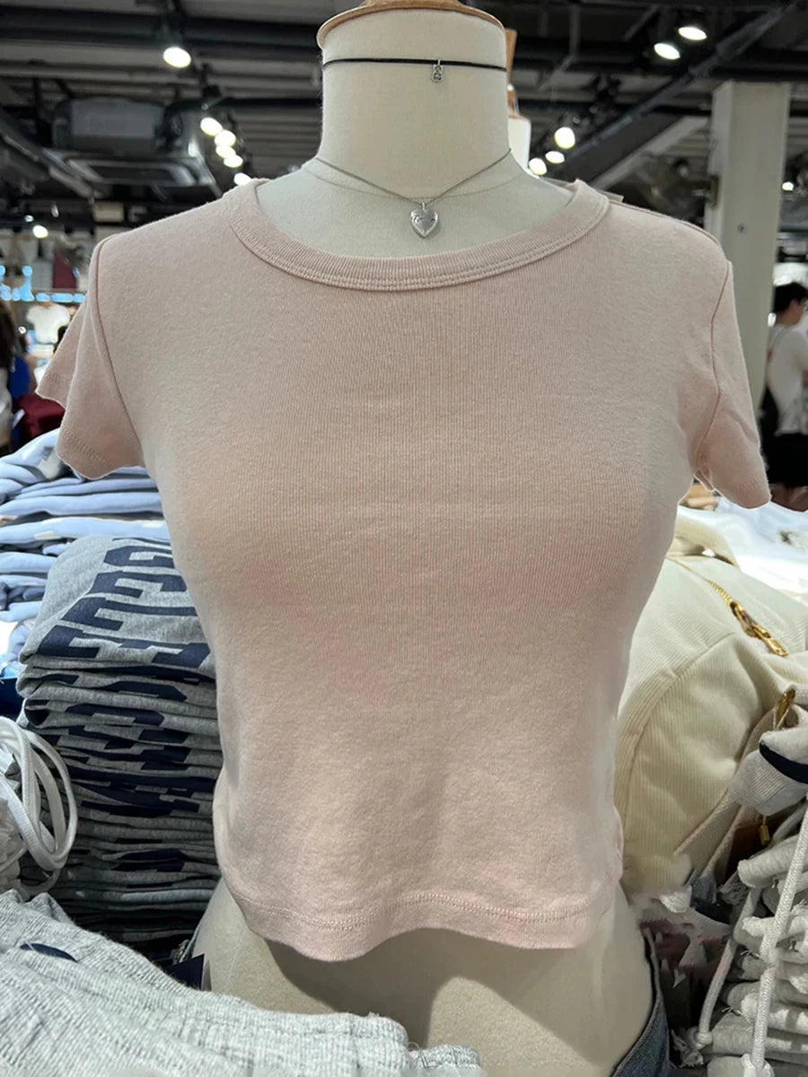 Pink Sweet Cotton Slim Crop Tops Women Summer New Casual O-neck Solid Short Sleeve Tees Female Cute Simple Basic Y2K T-shirts