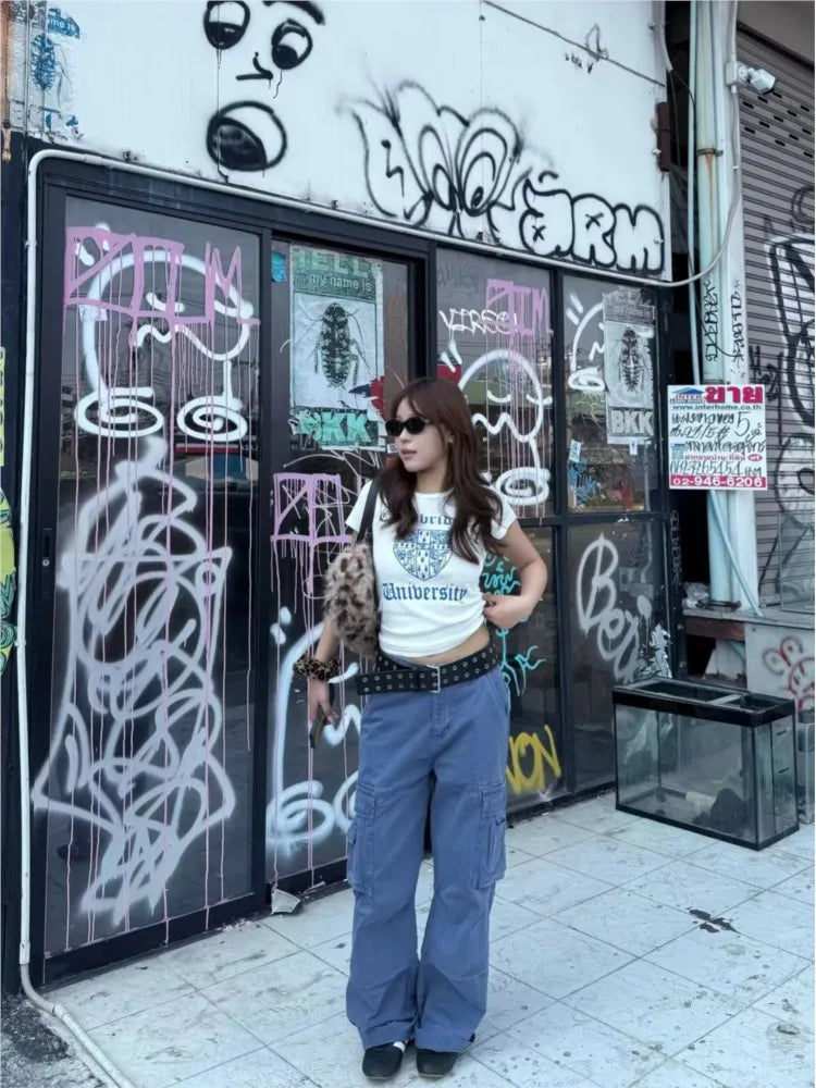 Geometric Print Slim T-shirts Woman O-neck Short Sleeve Cotton Tee Tops Female Summer Casual Sweet Preppy Style Tshirts Y2K