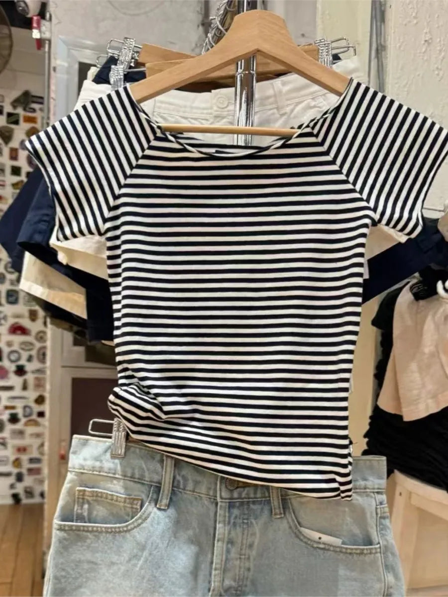 Slash Neck Navy Striped T-shirt Women Summer Raw Hem Slim Cotton Short Sleeve Tees Female Vintage Chic Tshirt Y2K Tops New