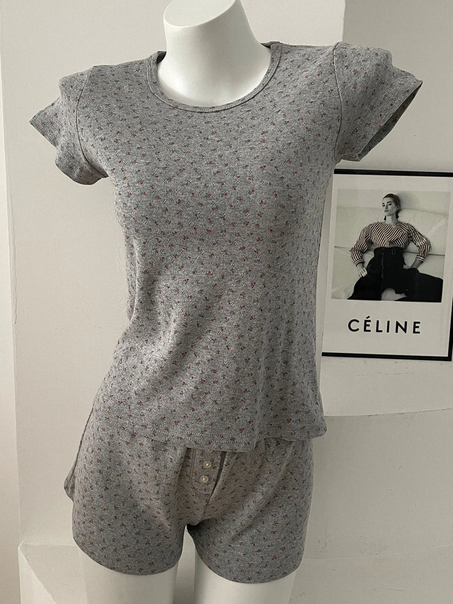 Eyelet Floral Print T-shirt Shorts Outfit Women Cotton O-neck Slim Tees +Buttons Straight Sweatshort Sweet Home 2 Pieces Set New