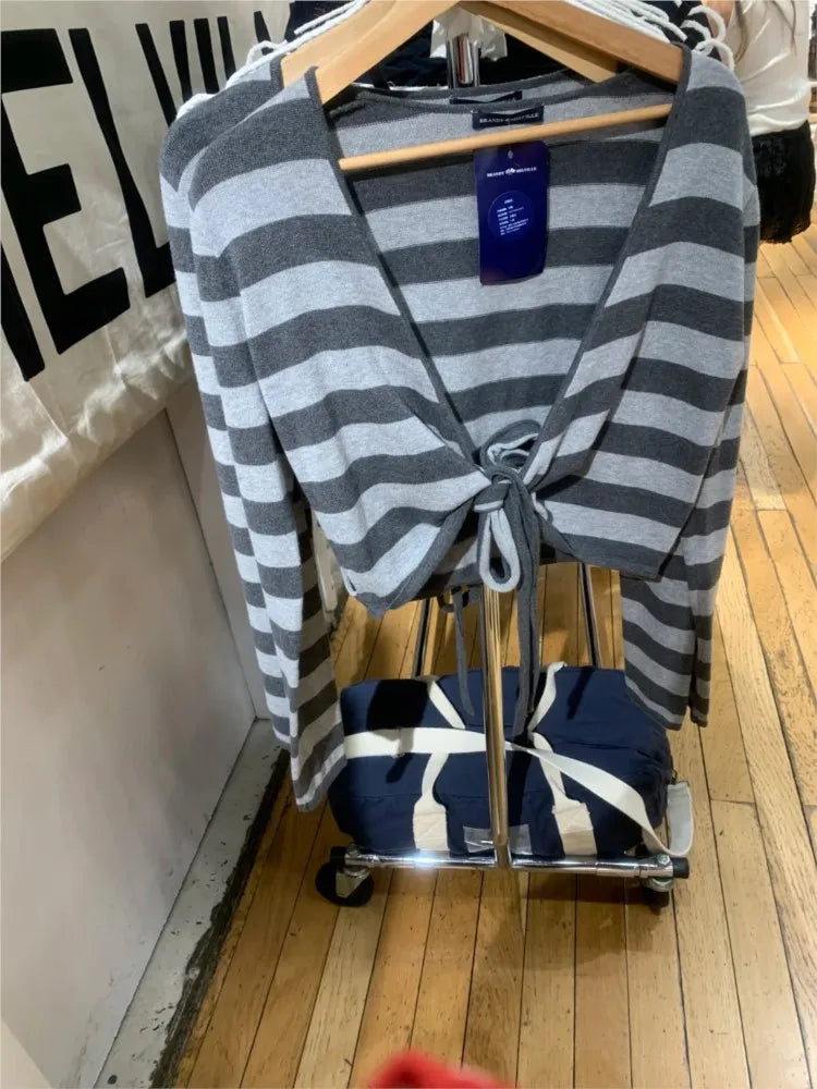 Striped Lace-up T-shirt Cardigan Spring Cotton V-neck Slim Long Sleeve Wrap Smock Female Vintage Sweet Crop Tops New Knitwear