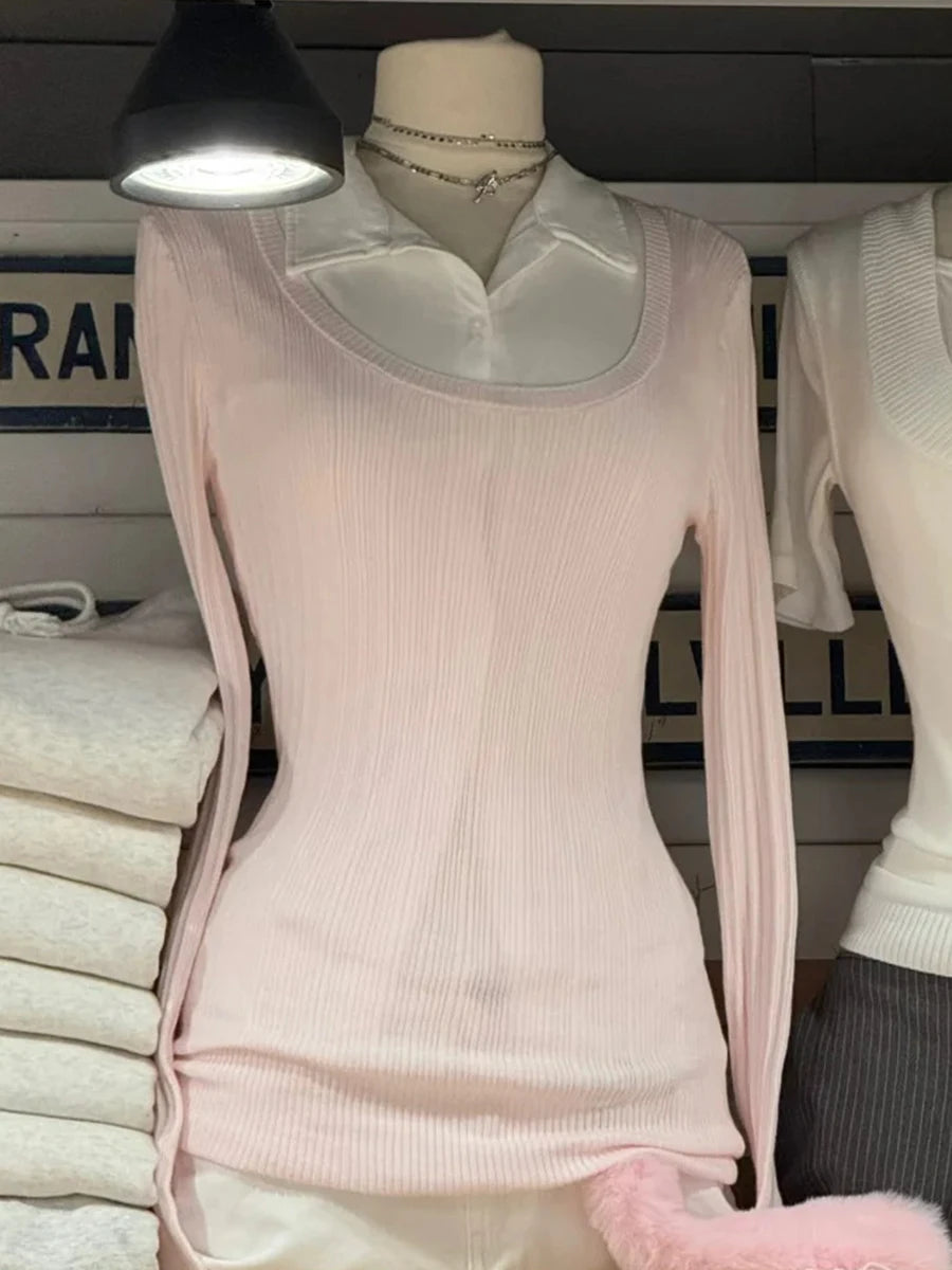 Pink Knit Slim Long Sleeve Tees Women Autumn New Fashion U-neck Cotton Soft T-shirt Cute Preppy Style  Casual T Shirt Y2K Top
