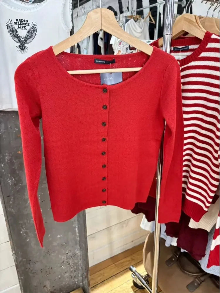 Simple Red Eyelet Cotton Knitted Cardigan Women Autumn New Casual Streetwear  Buttons Long Sleeve Coat Sweet Basic Sweaters Tops