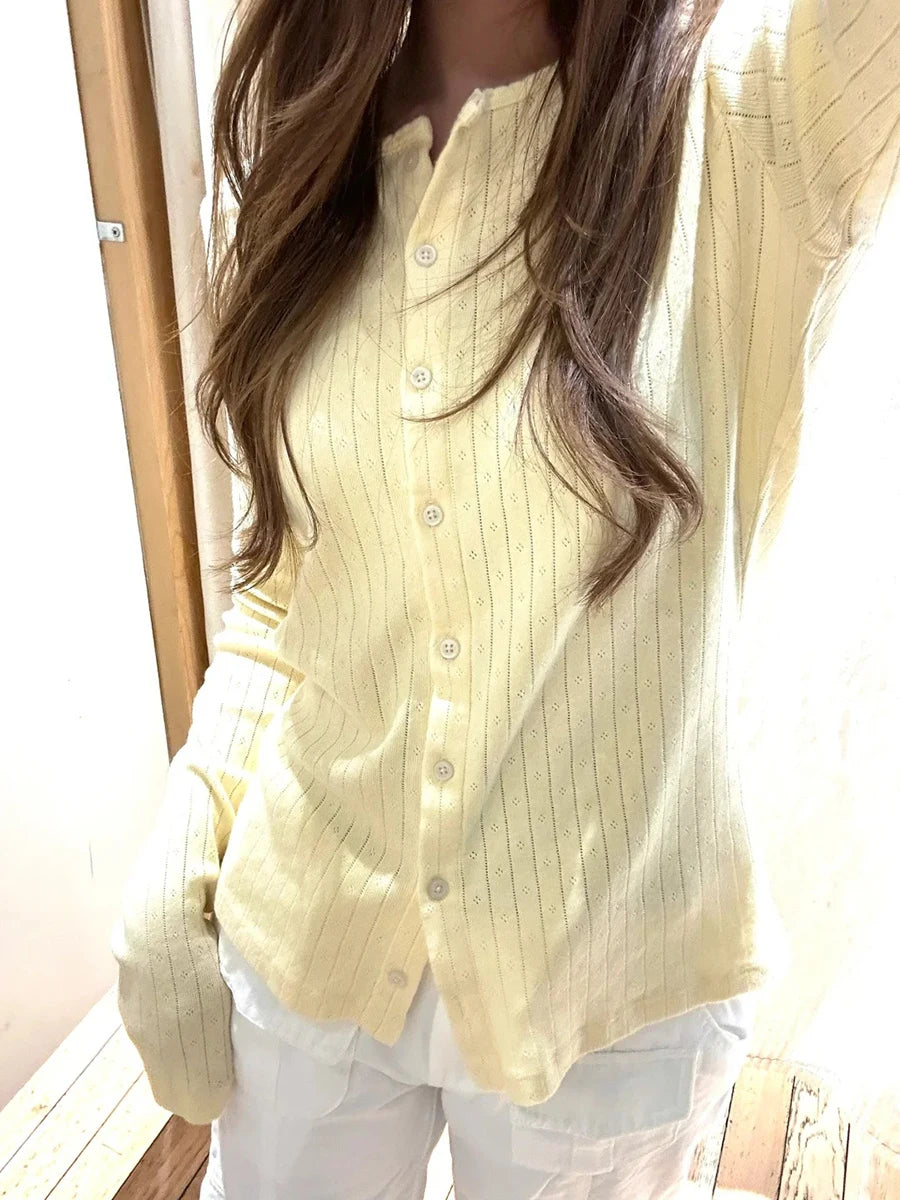 Yellow Eyelet Slim Long Sleeve T-shirt Women Preppy Style O-neck Single Breasted Cotton Tee Shirts Cute Vintage Sweet Tops Y2K