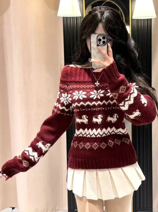 Geometric Jacquard Sweater Women Sexy Slash Neck Cotton Long Sleeve Slim Pullover Top Retro Sweet Cute Knit Sweater Y2k Jumpers
