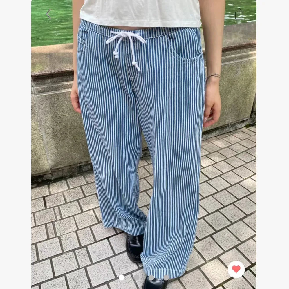 Vintage Drawstring Straight Jeans Women Summer Cotton Denim Long Pants Female Casual Streetwear All--match Deep Blue Trouser Y2K