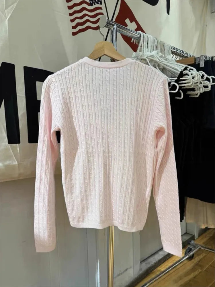 Sweet Pink Twist Cotton Long Sleeve Knitted Cardigan Women Simple V-neck Casual Preppy Style Jumper Prepppy Style Sweater Top