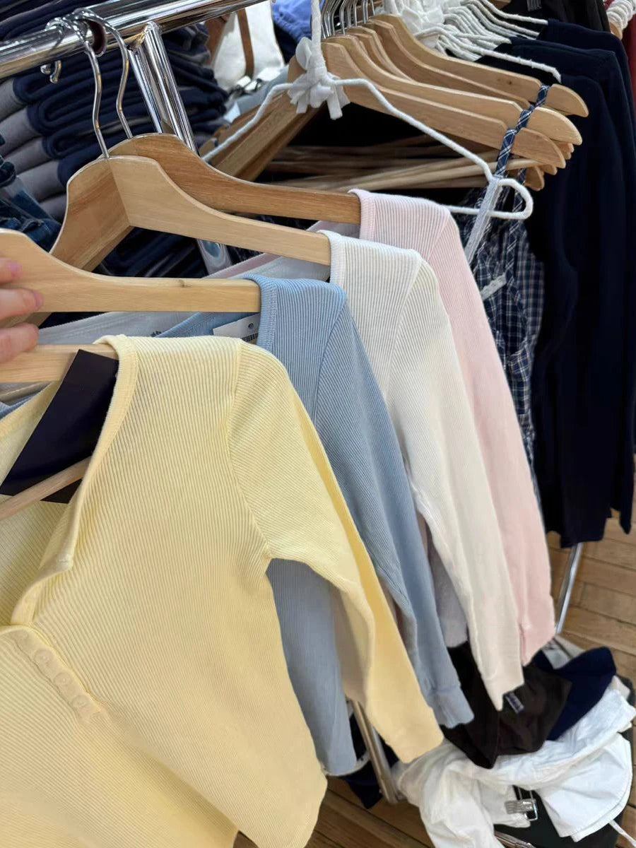 Multiple Colors Basic Long Sleeve Tshirt Autumn O-neck Six Buttons Ribbed Woman's T-shirt Casual Simple Cotton Slim Tee Tops y2k