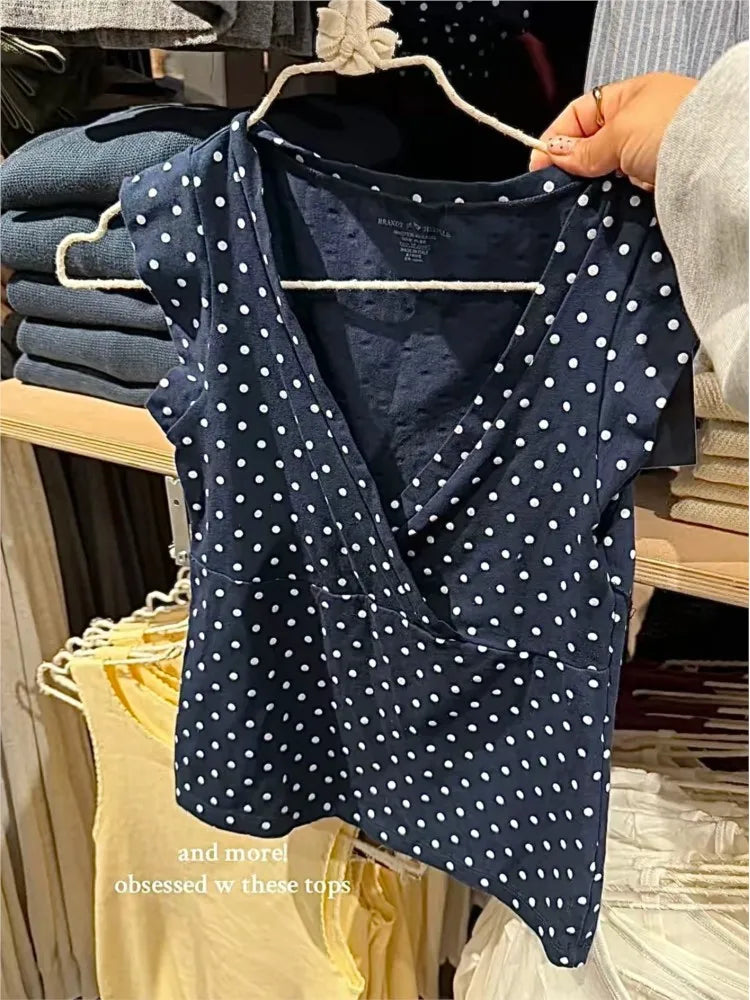 Navy Dot V-neck Sleeveless T-shirts Women Vintage Casual Simple Slim Cotton Crop Tops Female Sweet Cute Preppy Style Vests Y2K