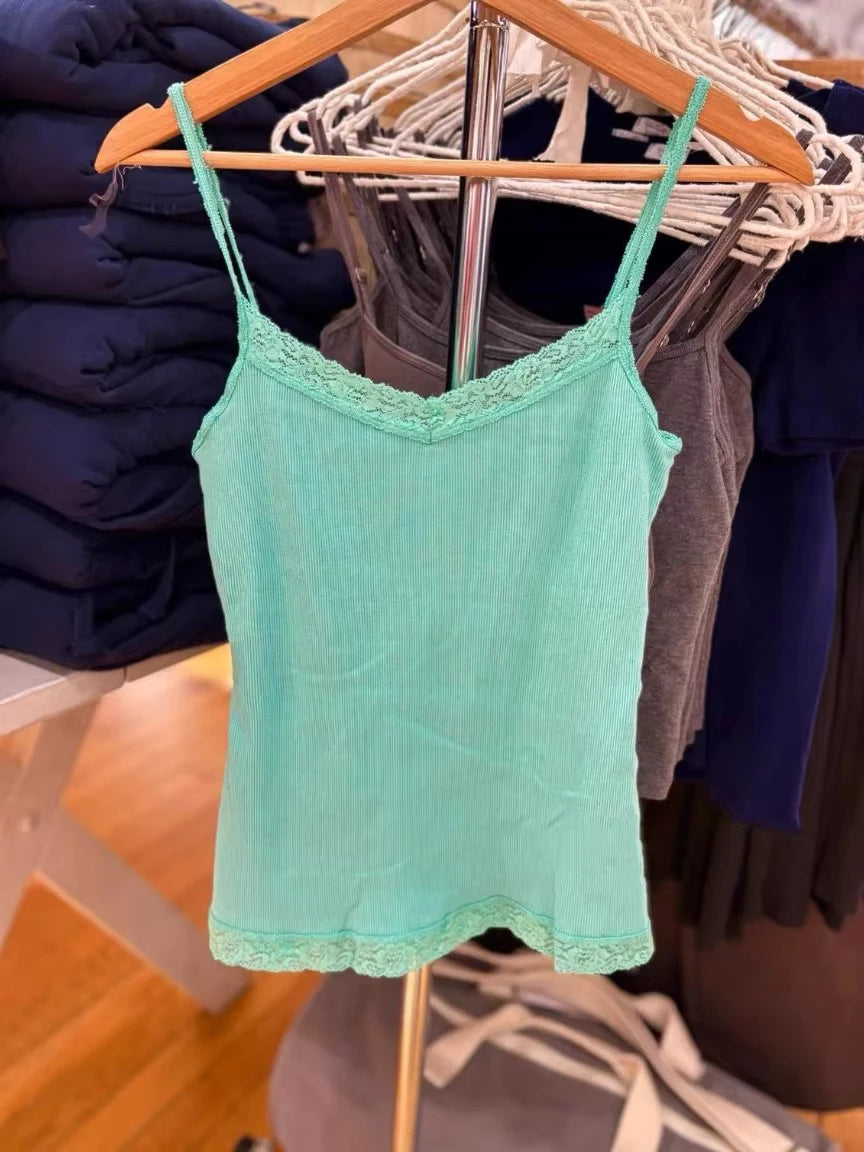 Lace Trim Ribbed Slim Tank Top Women Cute Casual Basic V-neck Cotton Lined Camisole Female Vintage Simple All-match Vest Y2k New