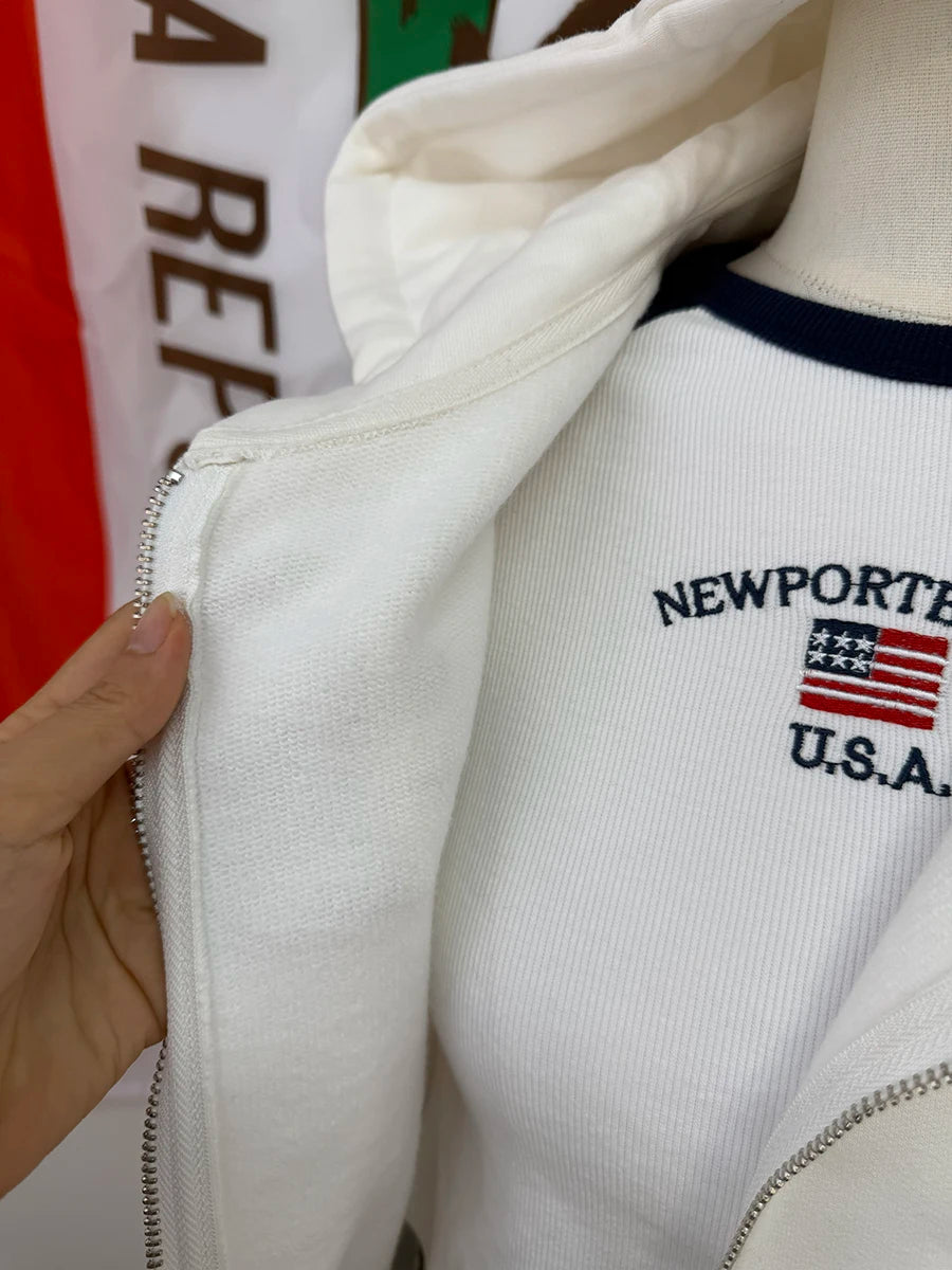 Pocket Zip-up Sweatshirts Tops Women White Cotton Casual Drawstring Pullover Coat Vintage Preppy Style Oversized Hoodie Y2K