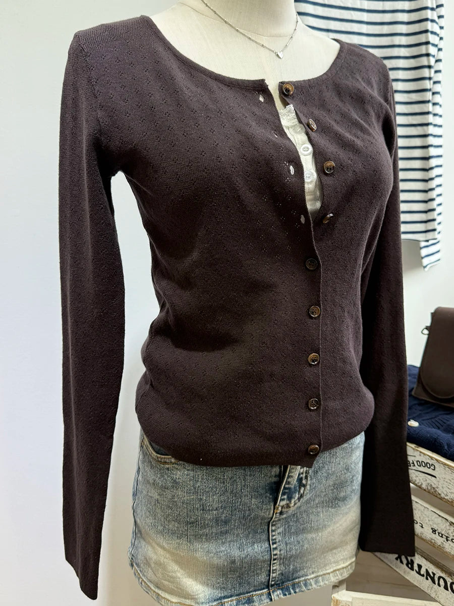 Pink Eyelet Slim Long Sleeve T-shirts Women Preppy Style O-neck Single Breasted Cotton Tee Shirts Sweet Cute Vintage Tops