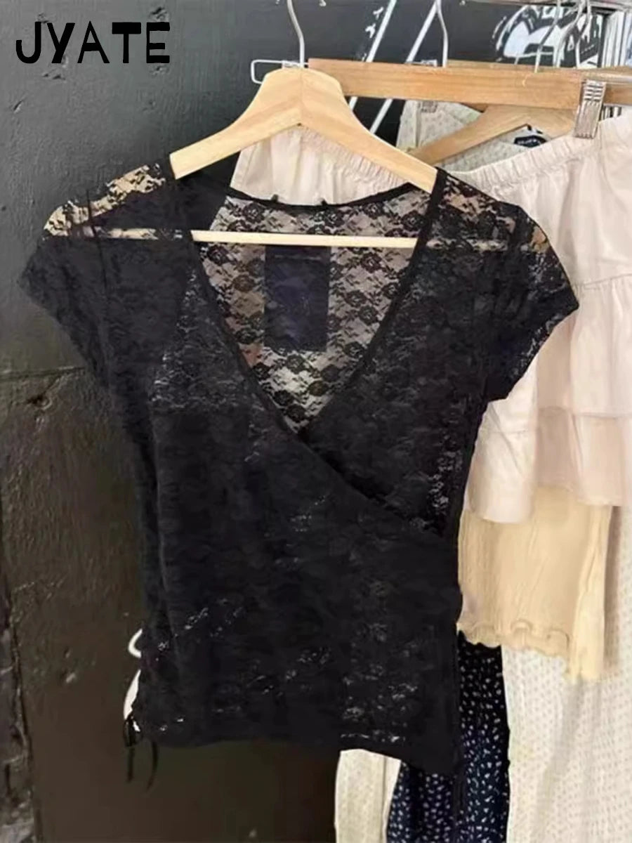 Sweet Jacquard Transparent Crop Tops Women Summer New Bow Lace Mesh V Neck Short Sleeve Tee Vintage Slim Cute Thin T-shirts Y2K