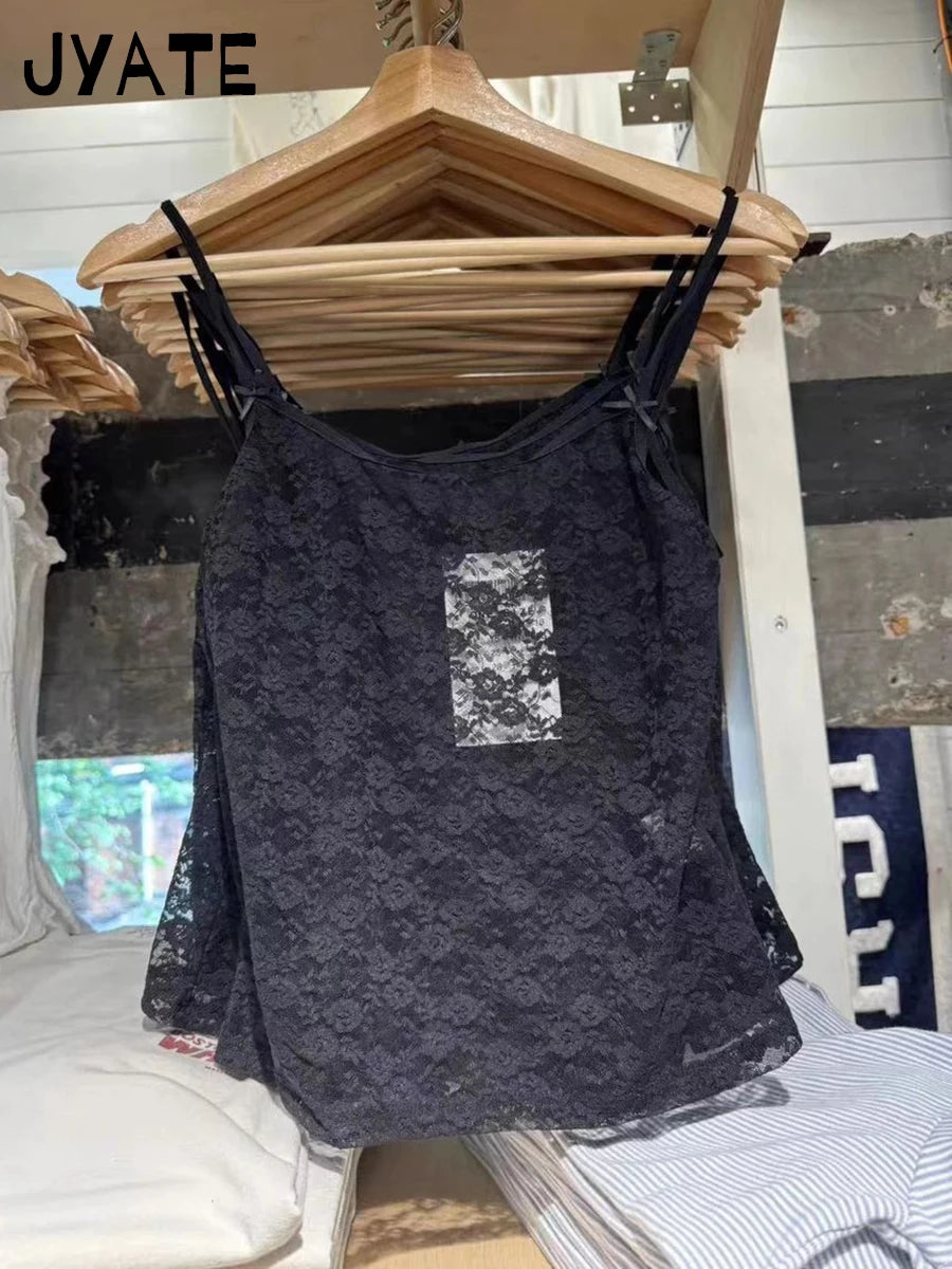 Harajuku Black Lace Sheer Slim Camisole Women Summer Streetwear Sexy Smock All-match Cropped Vests Vintage Sweet Chic Tank Tops