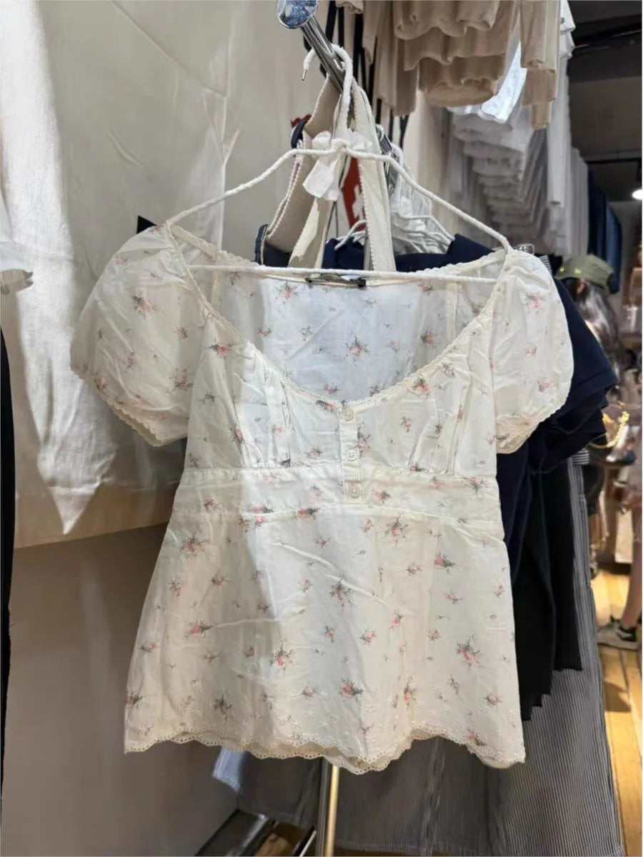 Floral Print Lace Trim T-shirts Women Summer New Casual Streetwear Buttons Short Sleeve Tees Sweet Simple Cute Tshirt Tops Y2K