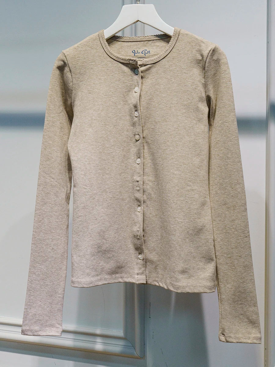Eyelet Slim Single Breasted T-shirt Women Autumn Preppy Style O-neck Cotton Long Sleeve Tee Shirts Cute Vintage Sweet Tops Y2K