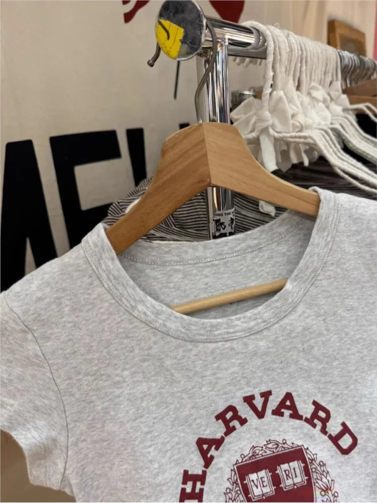 Letter Print Slim T-shirt Women Preppy Style O-neck Short Sleeve Cotton Tee Shirts American Vintage Harvard Pattern  Crop Tops