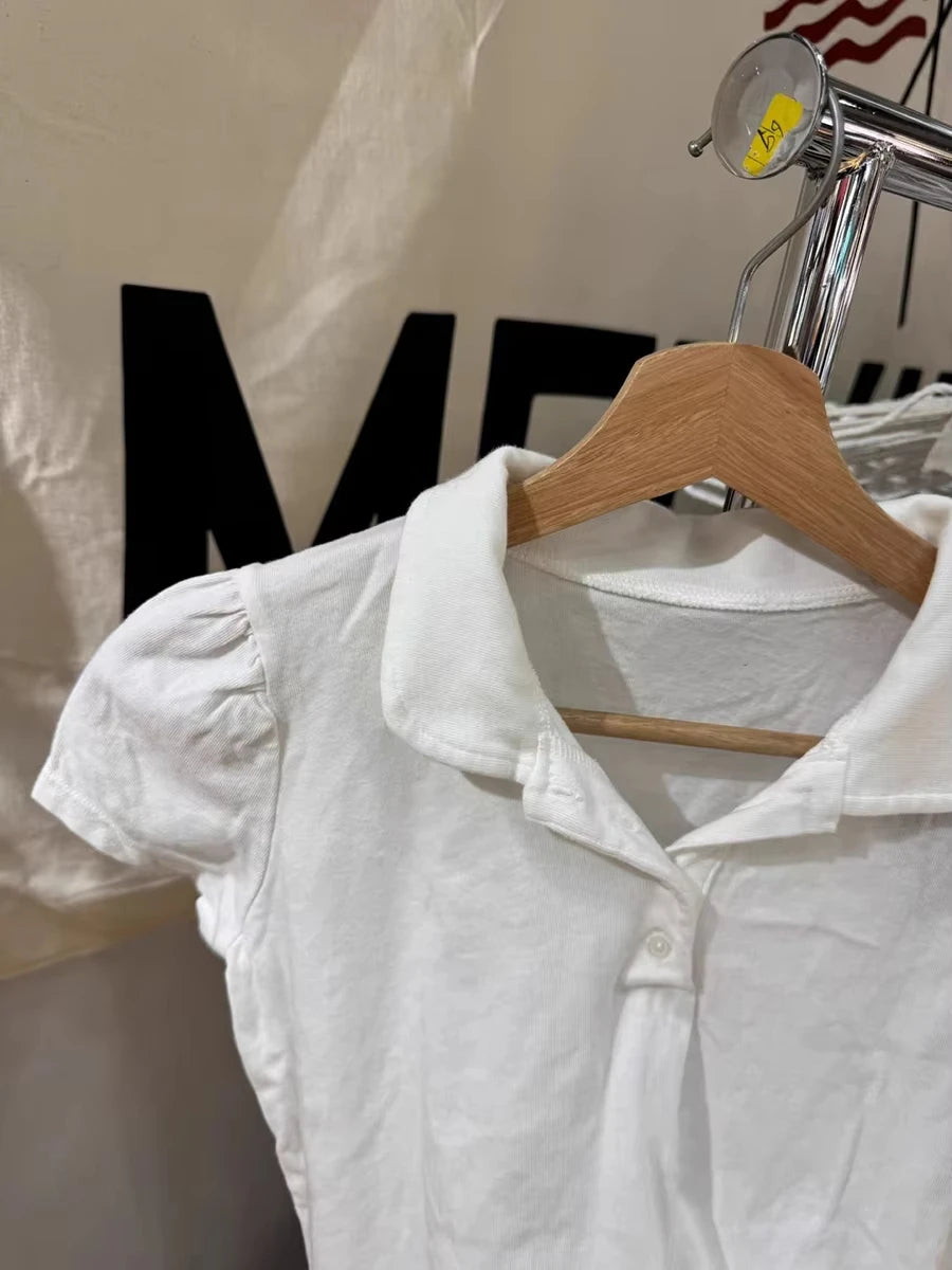 Cute White Polo T-shirt Women Summer New Strweetwear Cotton Turn Down Collar Short Sleeve Tees Sweet Preppy Style T Shirt Spring
