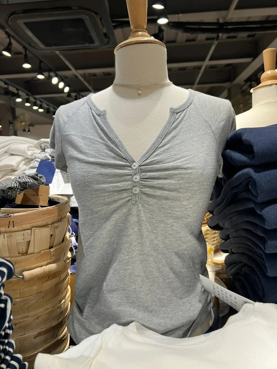 Sweet Pink V-neck Buttons Fold T-shirts Women Summer Casual Cotton Slim Short Sleeve Tee Simple Cute All-match Tshirt Y2K Tops