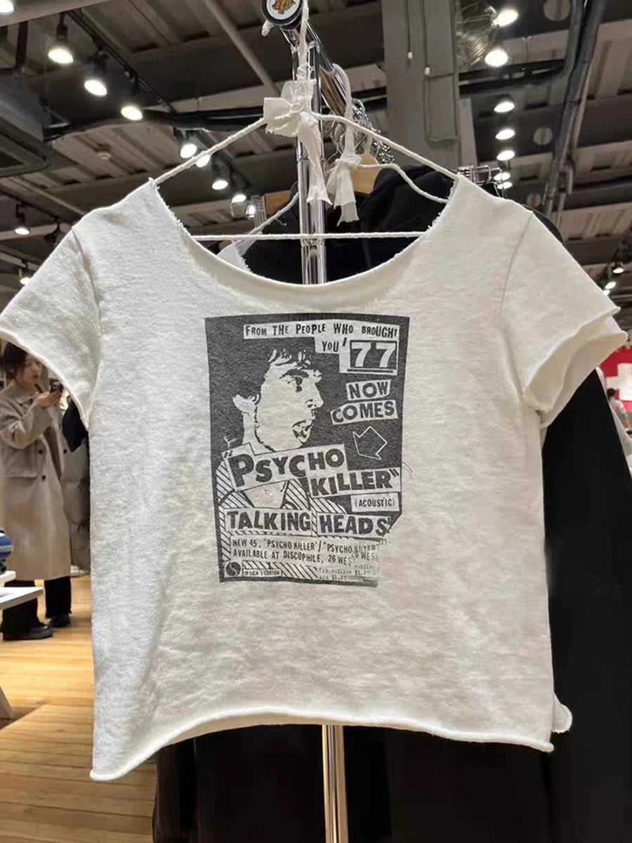 Letter Patchwork Embroidery T-shirts Women Casual Simple Raw Hem Slash Neck Short Sleeve Tees Vintage Chic Sweet Crop Tops Y2K