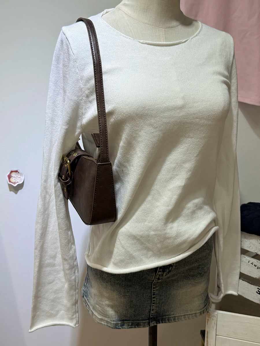 Raw Hem Loose Cropped Sweater Woman Autumn Scoop Neck Long Sleeve Oversized Jumper Vintage Streetwear Cotton Knit Sweaters Y2k