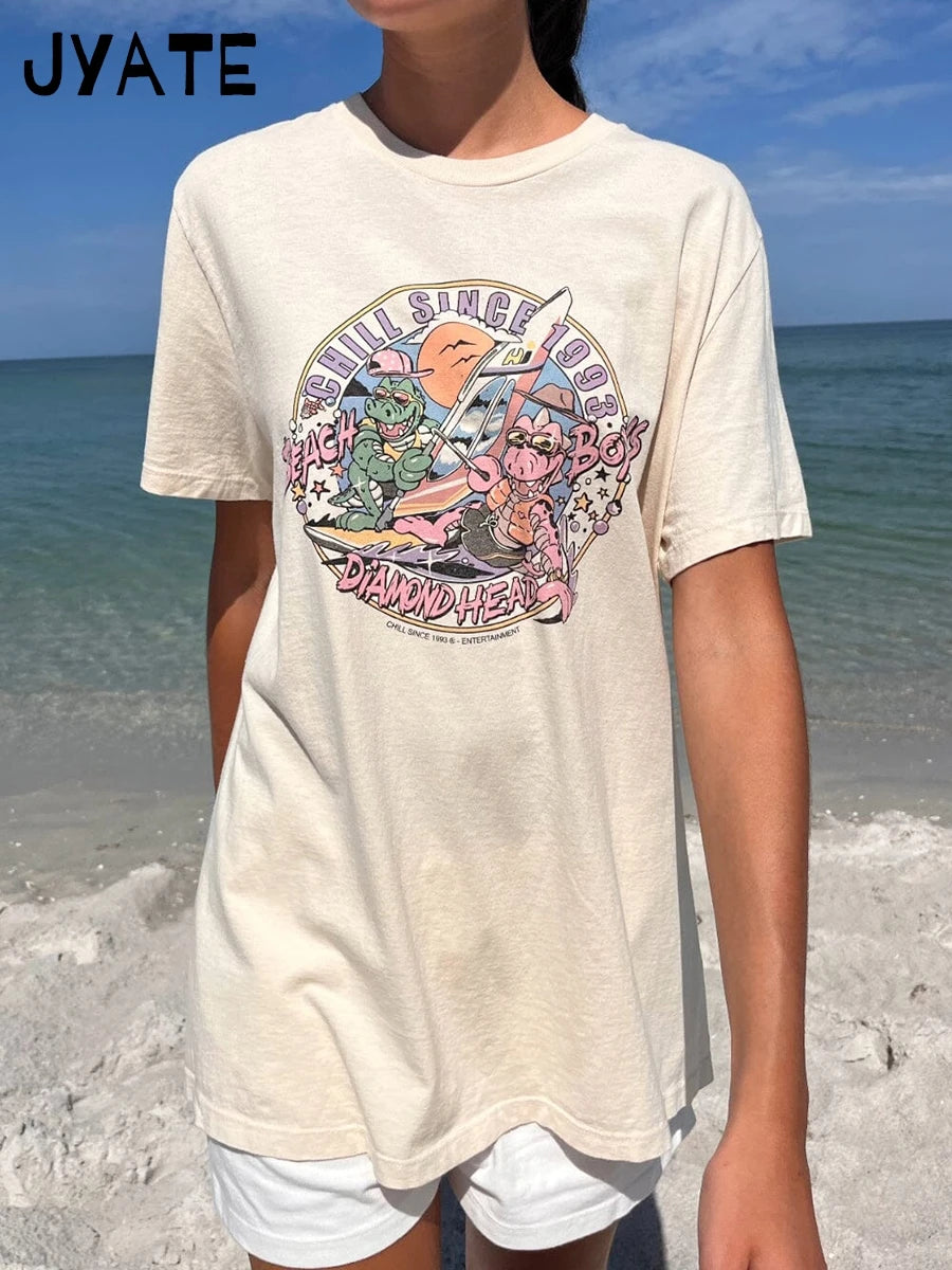 American Cartoon Print Loose T-shirts Women Summer New O-neck Cotton Casual Cute Short Sleeve Tee Harajuku Vintage Chic Tops Y2K