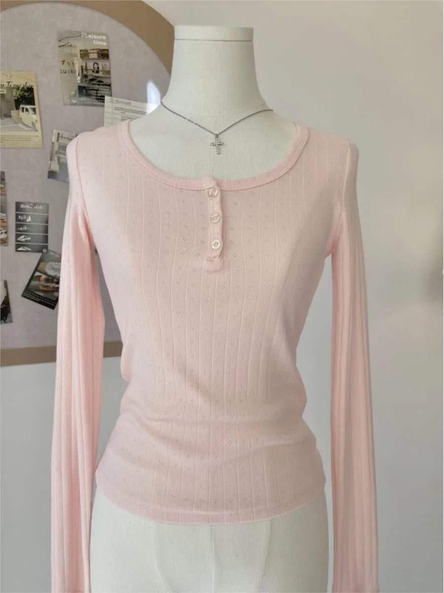 Sweet Solid Hollow Out T-shirts Femme Y2K Button Casual Basic Slim Long Sleeve Tees Women Preppy Style Vintage Cute Tops Clothes