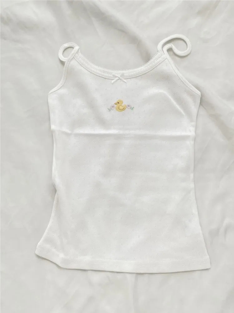 Yellow Duck Shorts 2 Pieces Set Women Bow Slim Eyelet Tank Top+Waffle Drawstring Straight Short Pant Outfit Sweet Cute Suit Sets