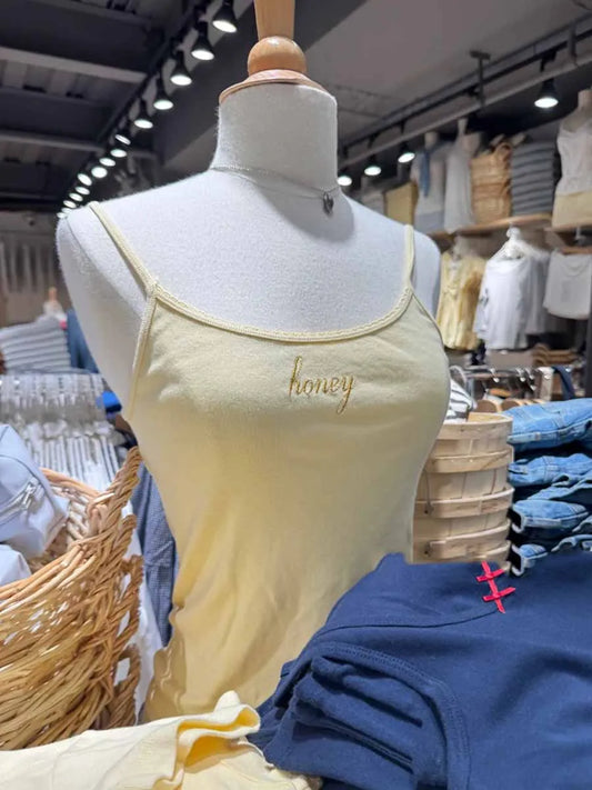 Yellow Letter Embroidery Crop Top Women Lace Trim Cotton Slim Sleeveless Camisole Clothes Sweet Cute Preppy Style Tank Tops Y2K