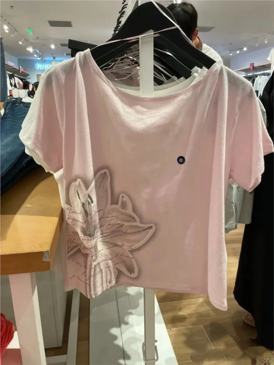 Sweet Flower Print T-shirt Women O-neck Cotton Back Bow Lace-up Cut Out Short Sleeve Tshirt Female Vintage Preppy Style Tee Tops