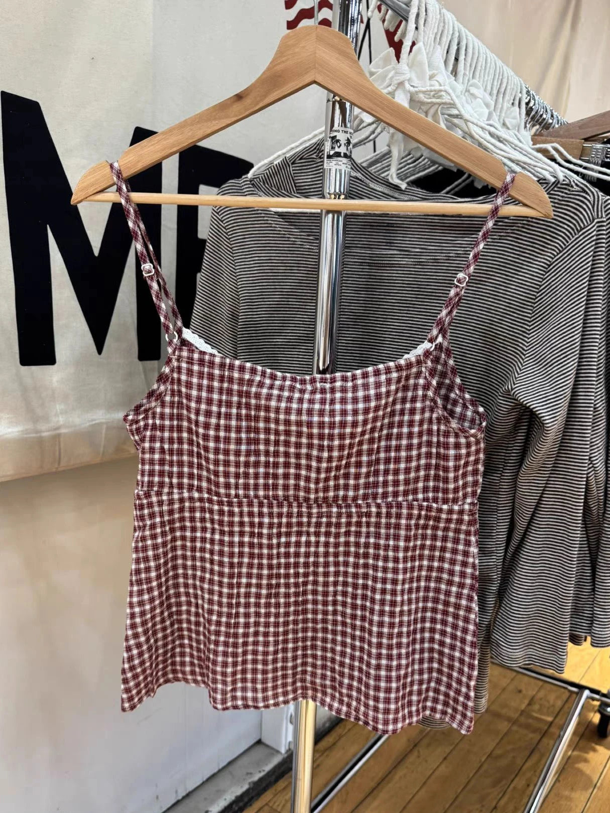 Red Plaid Drawstring Tank Top for Woman Summer Buttons V-neck Cotton Slim Camisole Female Vintage Preppy Style Sweet Crop Tops