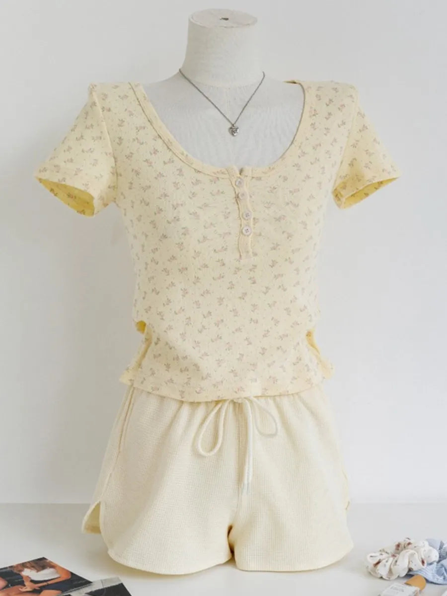 Floral Yellow Home Pajama Sets Women Summer Eyelet Tees Waffle Straight Short Pant Sweet T-shirt Shorts Sweet 2 Pieces Outfits