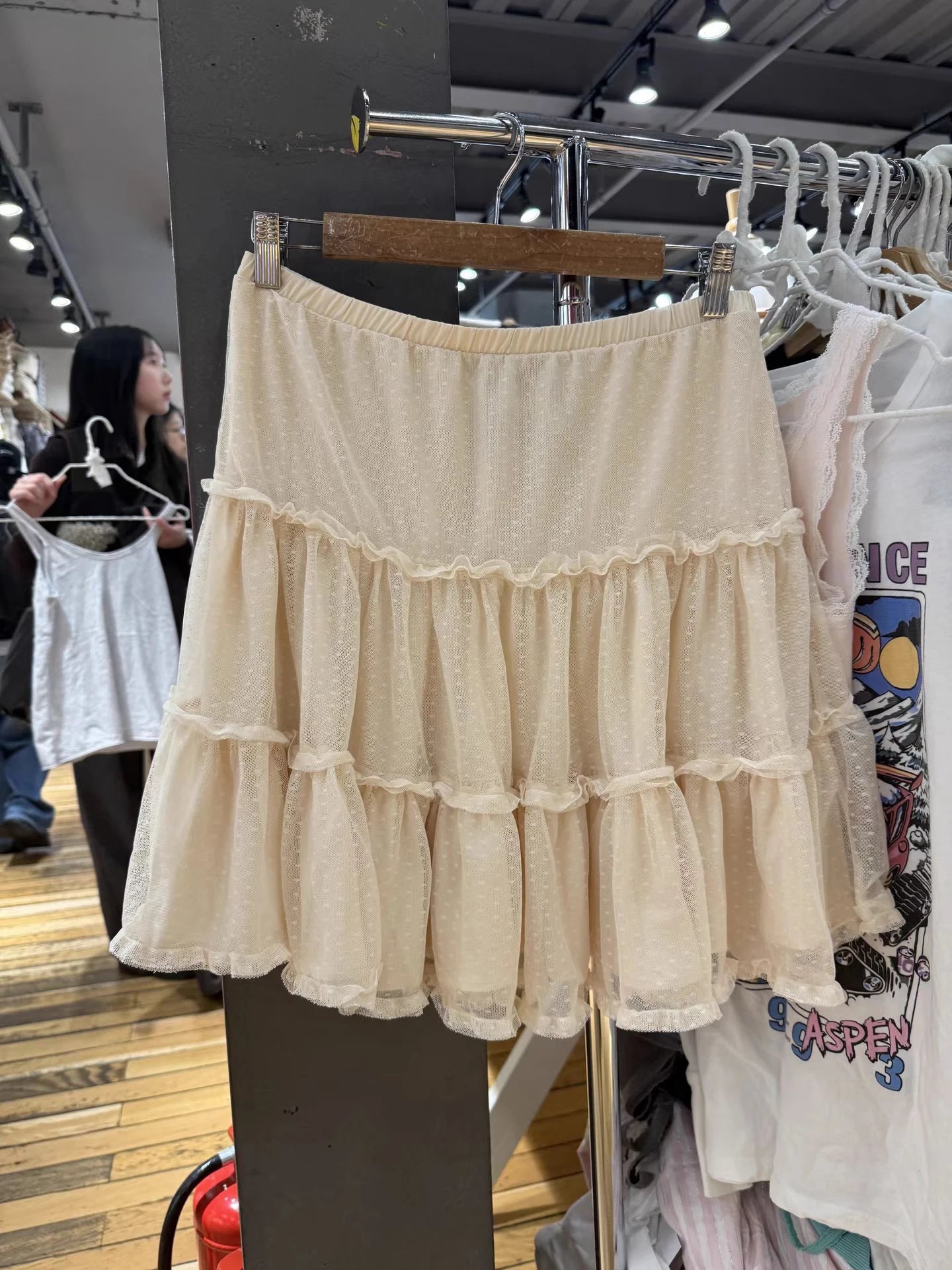 Jacquard Mesh Polka Dot Knee Length Skirts Woman Elastic Waist Ruffles A-line Short Faldas Sweet Preppy Style Beige Skirt Y2K