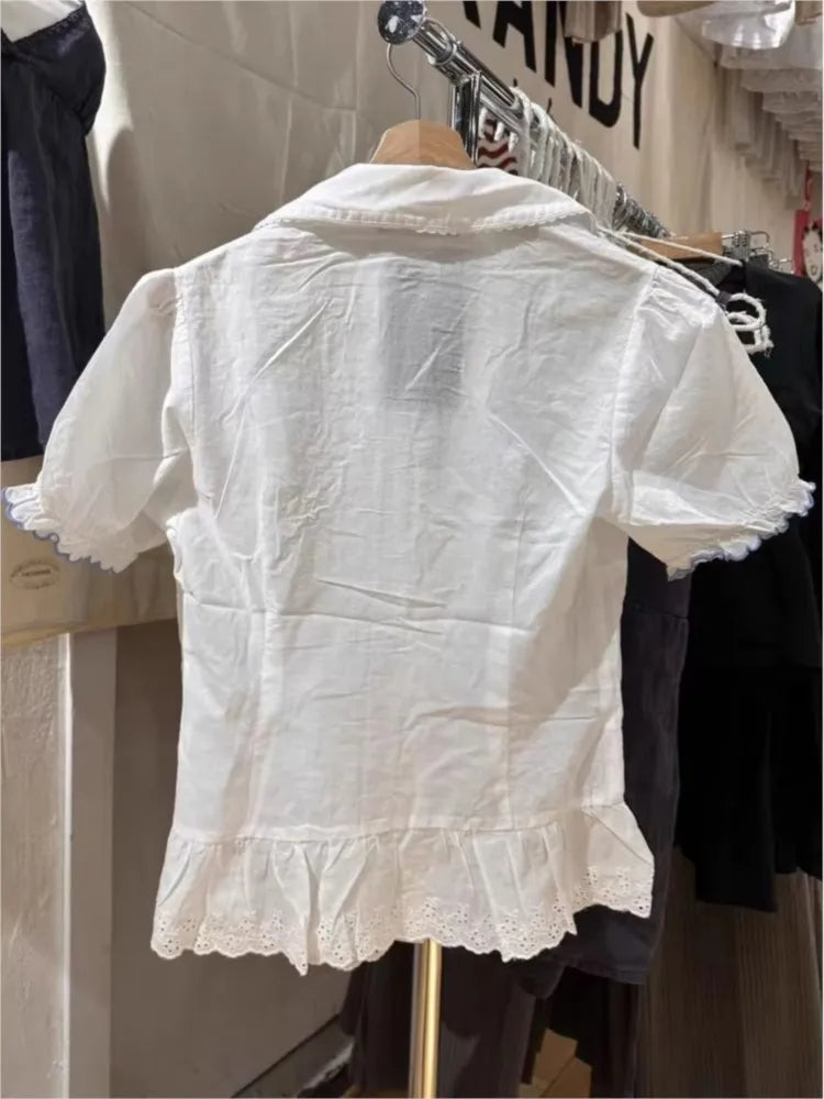White Blue Lace Trim T-shirt Blouse Women Casual Pan Collar Single Breasted Short Sleeve Tee Sweet Vintage Cute Slim Tshirt Tops