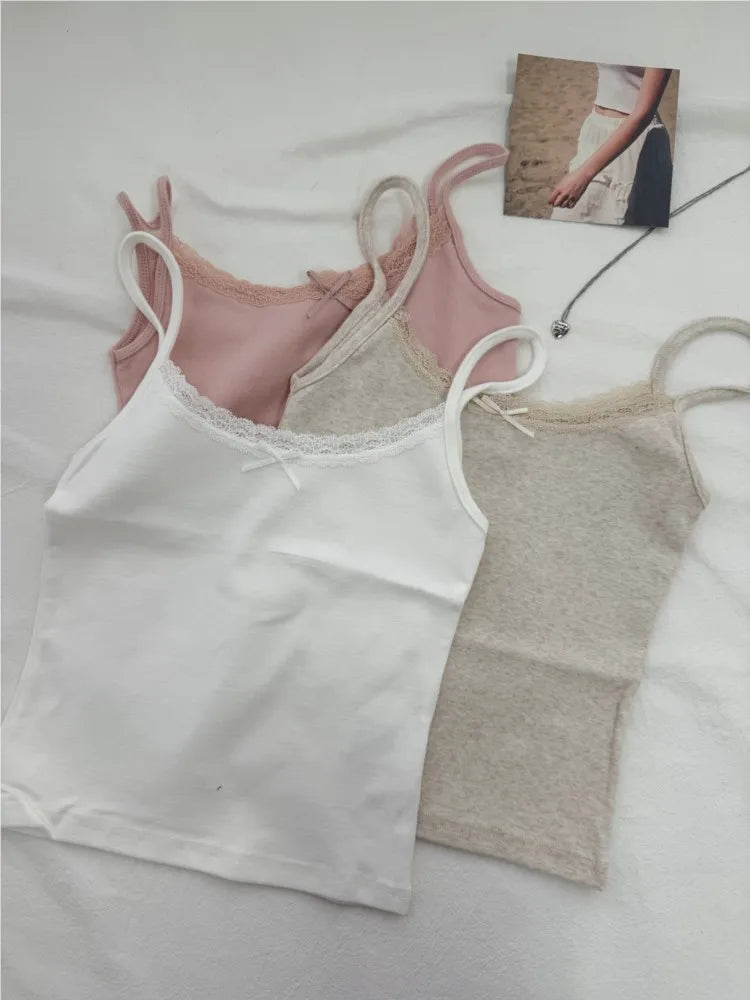 Cute Cotton Soft Lace Trim Tank Tops Women New Summer Solid Chic Bow Slim Cropped Vests Sweet Preppy Style Casual Camisole Y2K