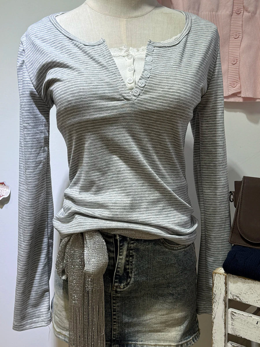 Gray Striped Long Sleeve Zelly Tops Women Autumn New Casual Simple Slim Buttons Tees Vintage Chic Preppy Style T-shirts Top y2k