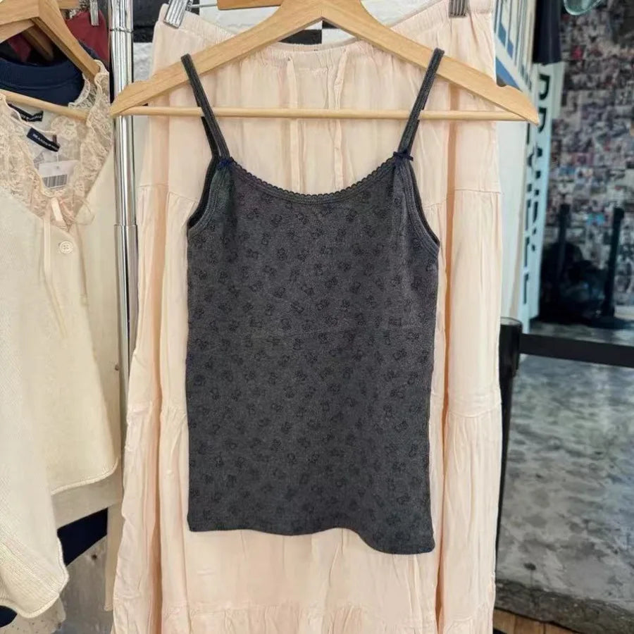 Gray Bear Print Bow Tank Tops Women New Lace Trim Slim Cotton Preppy Style Sleeveless Vests Vintage Cute Streetwear Y2K Camisole